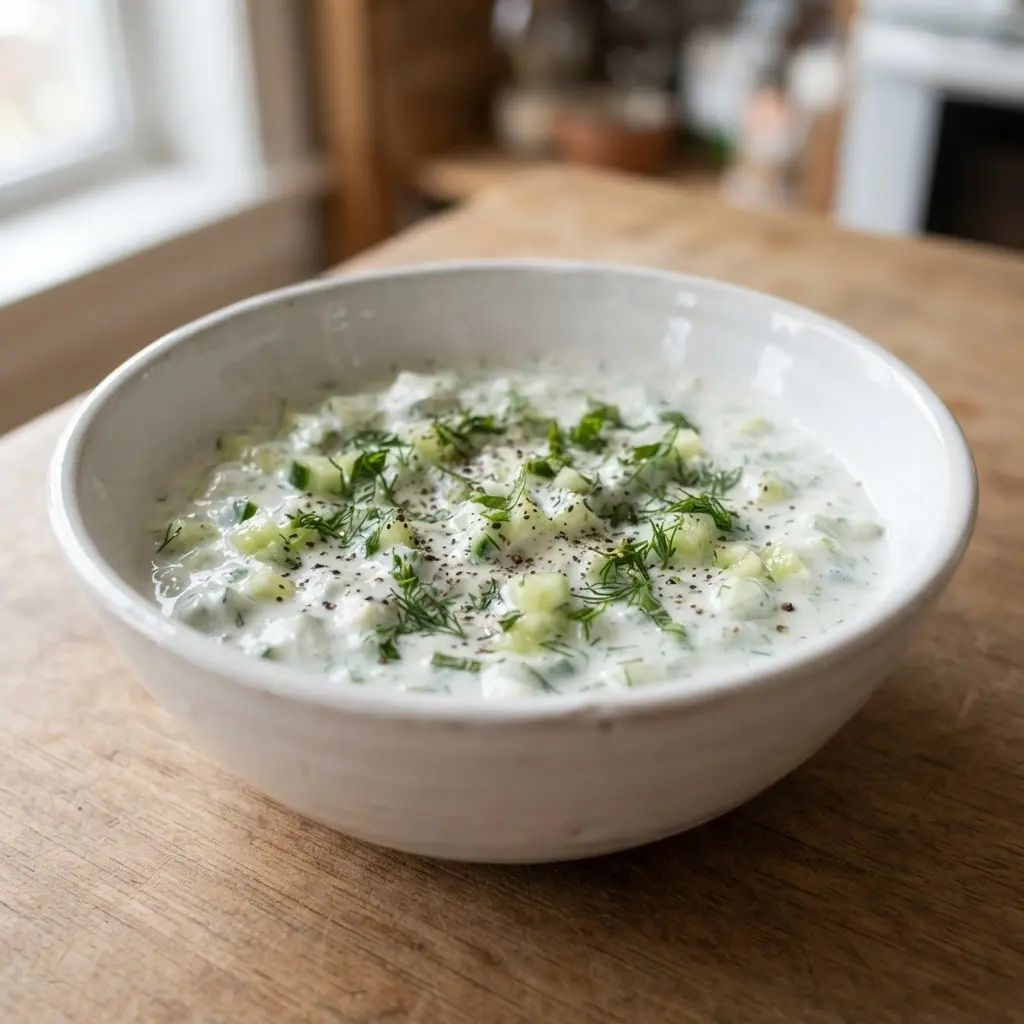 A chilled bowl holds cucumber raita with chopped dill, mint leaves, cucumber pieces, and cracked pepper.