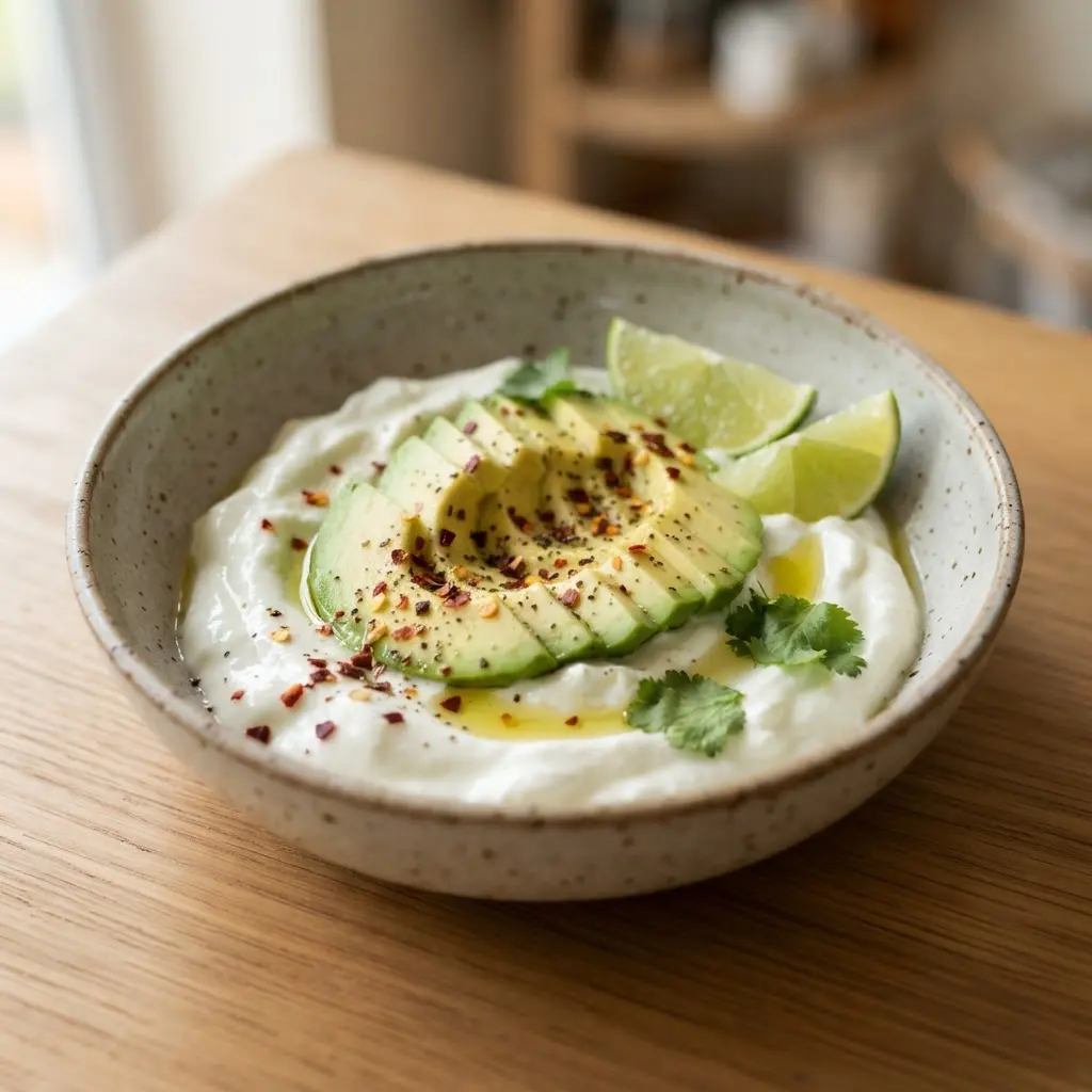 Homemade refreshing yogurt ideas featuring creamy yogurt topped with avocado slices, red chili flakes, and lime wedges.