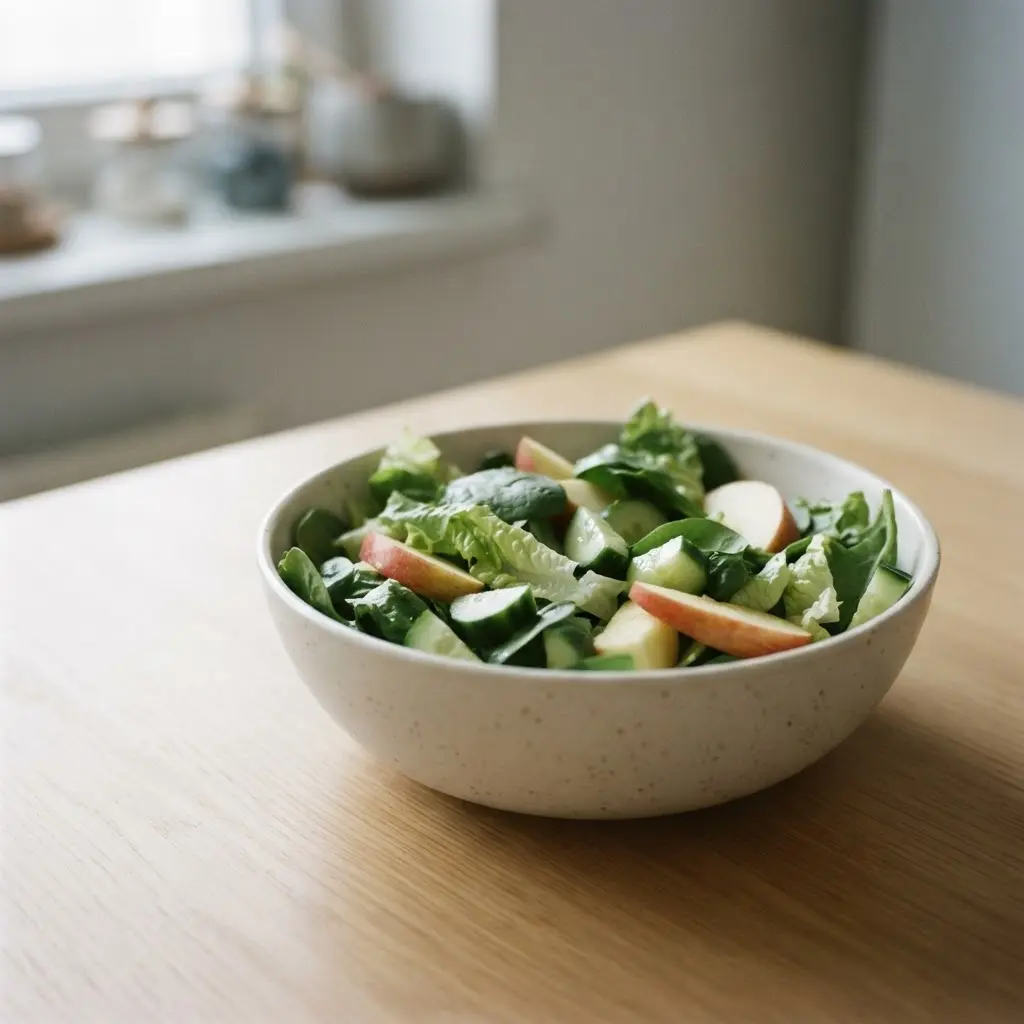 Washed cucumber, apple slices, and leafy greens beside a bowl for how to eat more raw foods.
