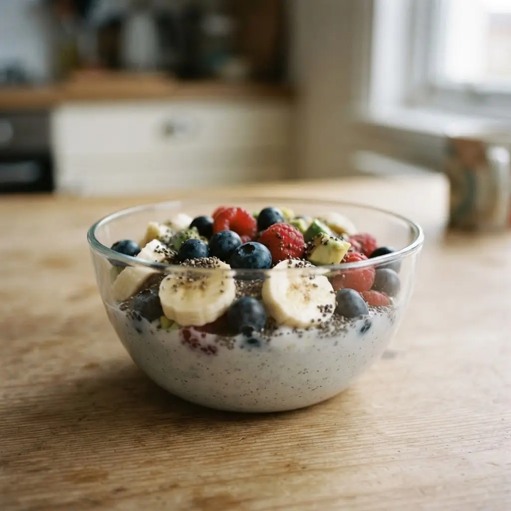 A glass bowl filled with berries, banana slices, chia seeds, and avocado on a clean kitchen table.