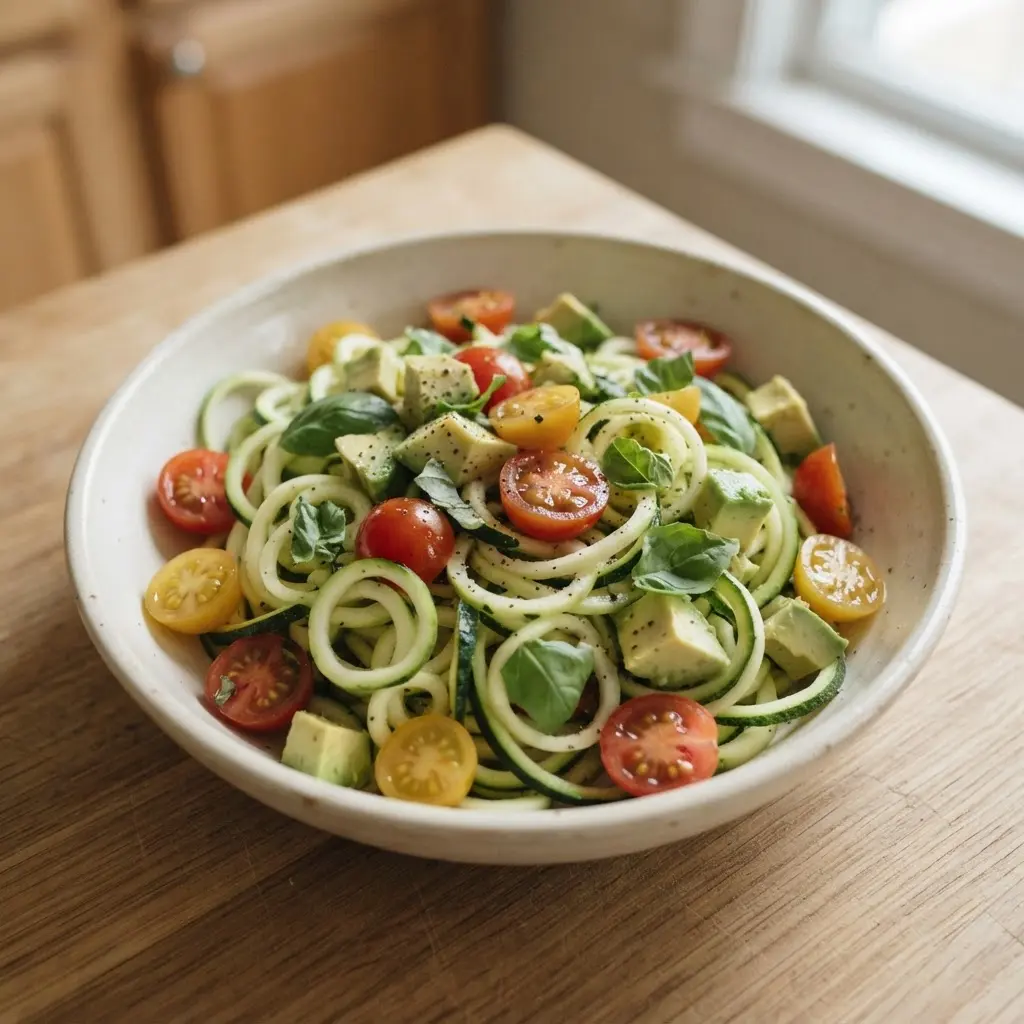 Spiralized zucchini noodles with cherry tomatoes, basil, and avocado for fresh raw food meals.
