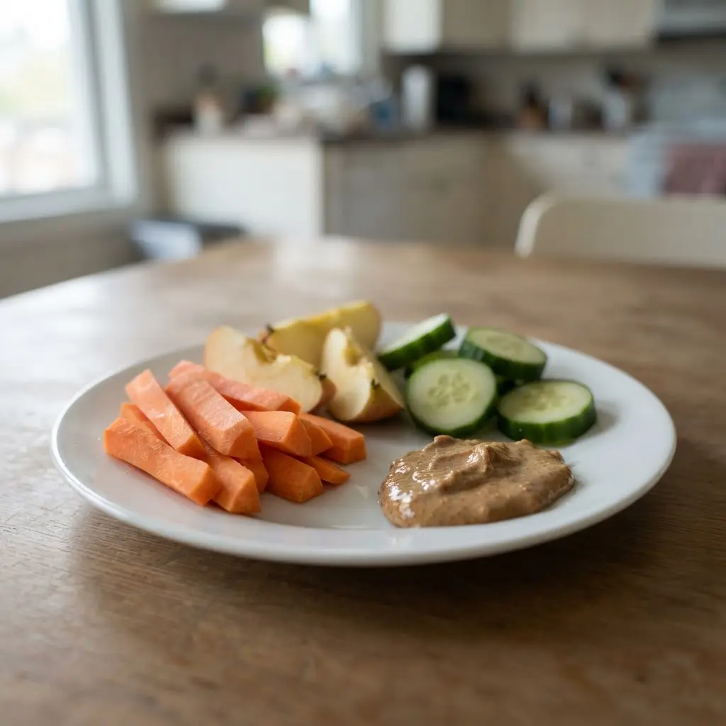 Carrot sticks, apple wedges, cucumber rounds, and almond butter arranged on a white snack plate.