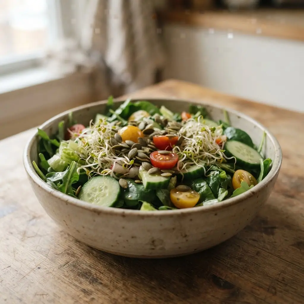 A dinner salad topped with sprouts, leafy greens, cucumber, tomato, and pumpkin seeds in a ceramic bowl.