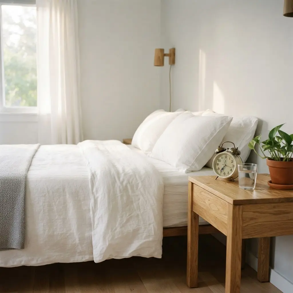 Bright, tidy bedroom with soft morning light, fresh bedding, and a bedside clock for restful sleep.