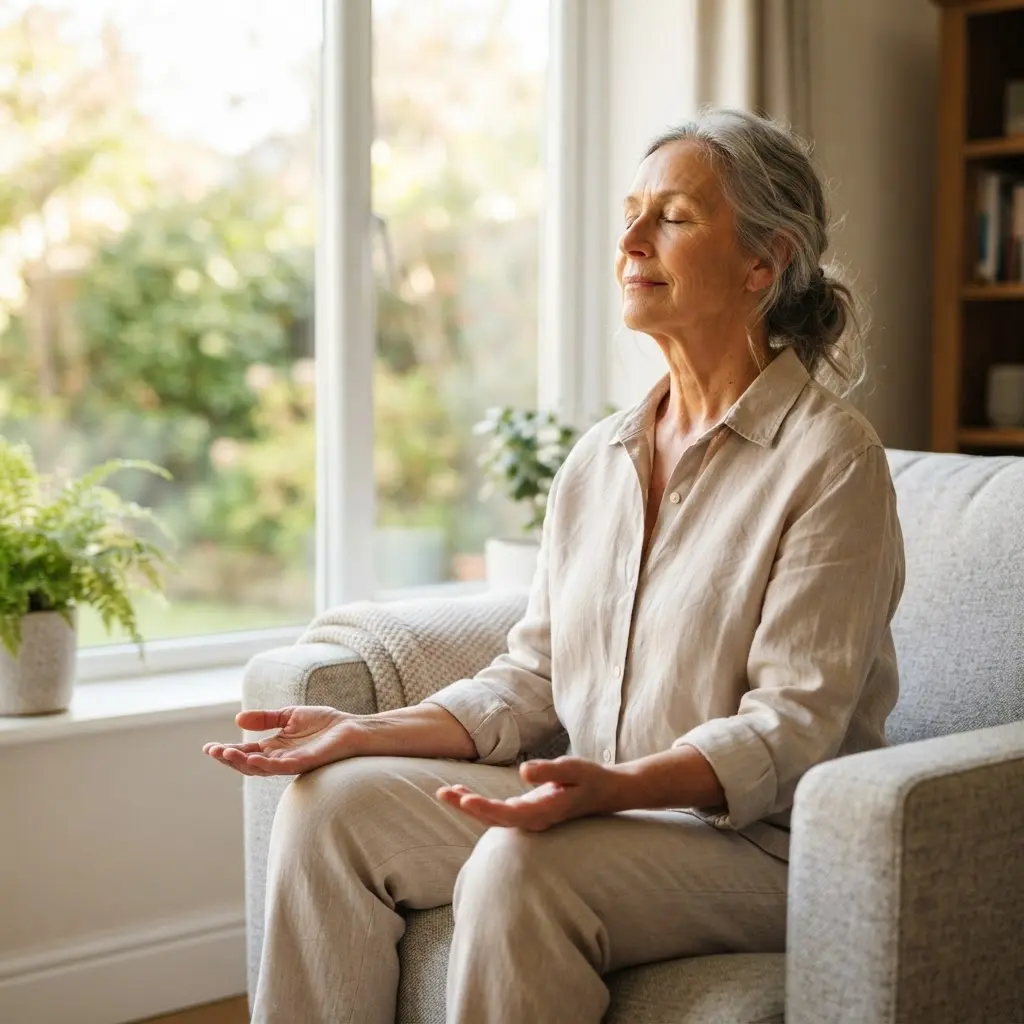 Older adult seated beside a sunny window with closed eyes, showing healthy aging habits through calm breathing.
