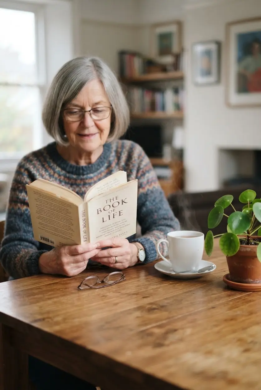 Older woman reading a paperback book at a bright table beside a cup of tea and green plant.