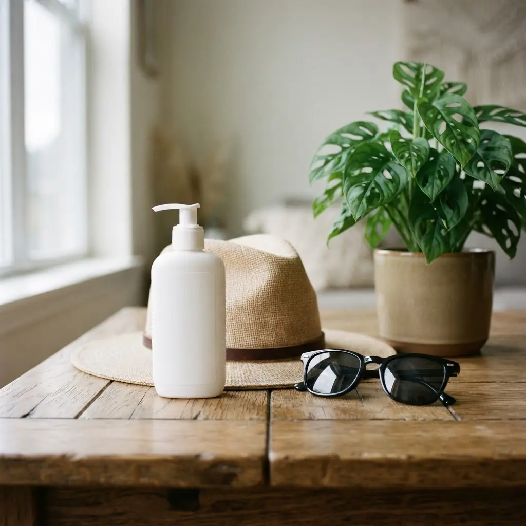 Sunscreen bottle, wide-brimmed hat, and sunglasses on a clean table beside a leafy plant.