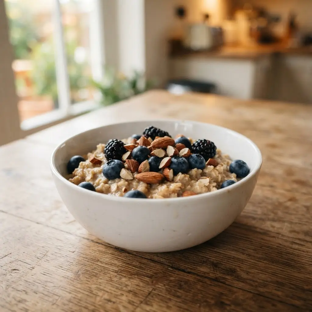 A bowl of oats, berries, and measured nuts on a kitchen table, illustrating keys for healthy weight loss.