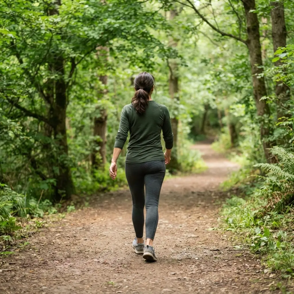 A person walking on a tree-lined path with comfortable shoes, showing keys for healthy weight loss through daily movement.