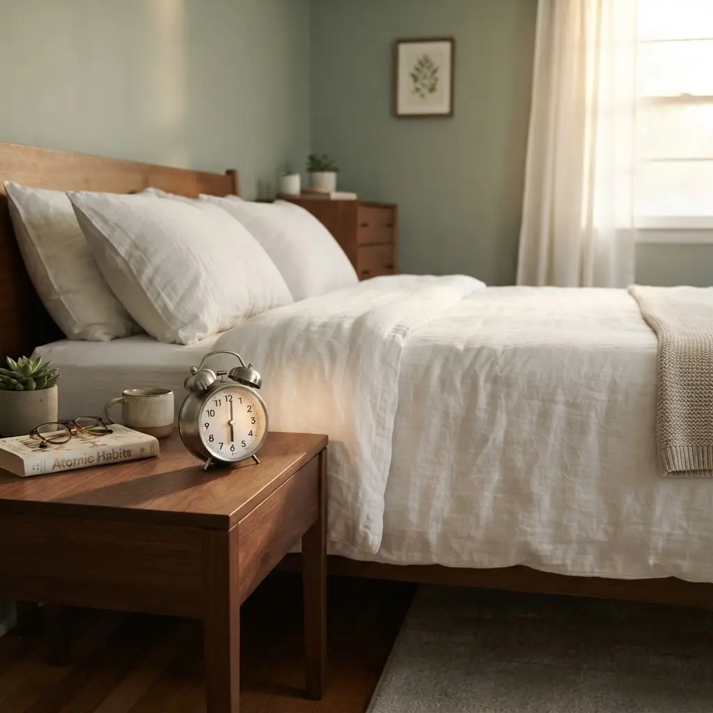 A tidy bedroom with a made bed, bedside alarm clock, closed curtains, and soft evening light.