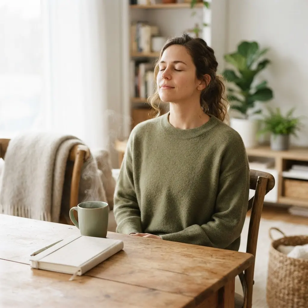 A person seated beside herbal tea and a journal, showing stress care as part of keys for healthy weight loss.