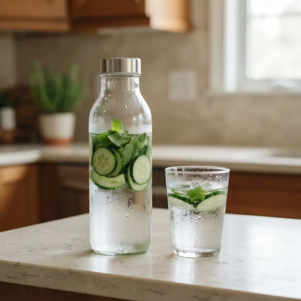 A clear water bottle beside sliced cucumber and a glass, supporting keys for healthy weight loss.