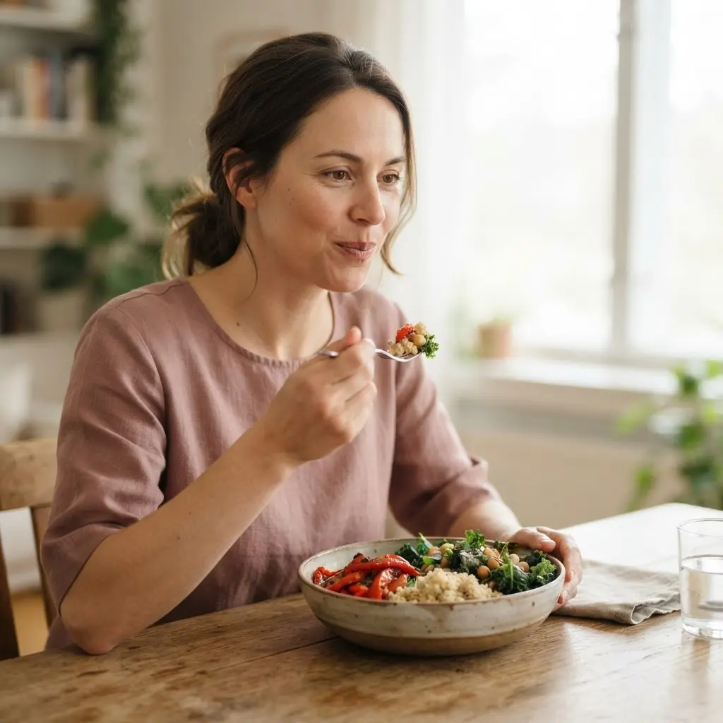 A person seated at a table with a balanced bowl, fork, and no phone beside the meal.