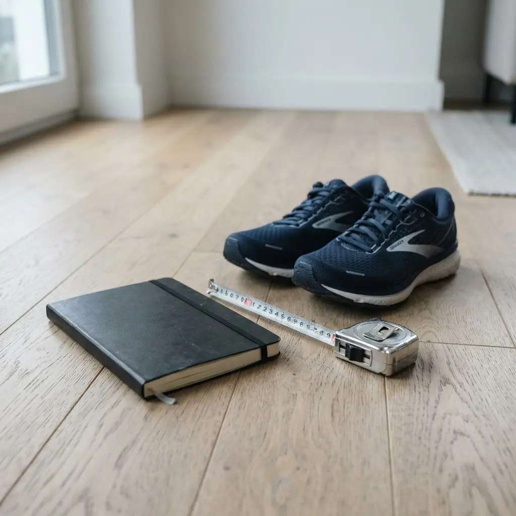 A notebook with weekly notes beside a measuring tape and walking shoes, showing keys for healthy weight loss.