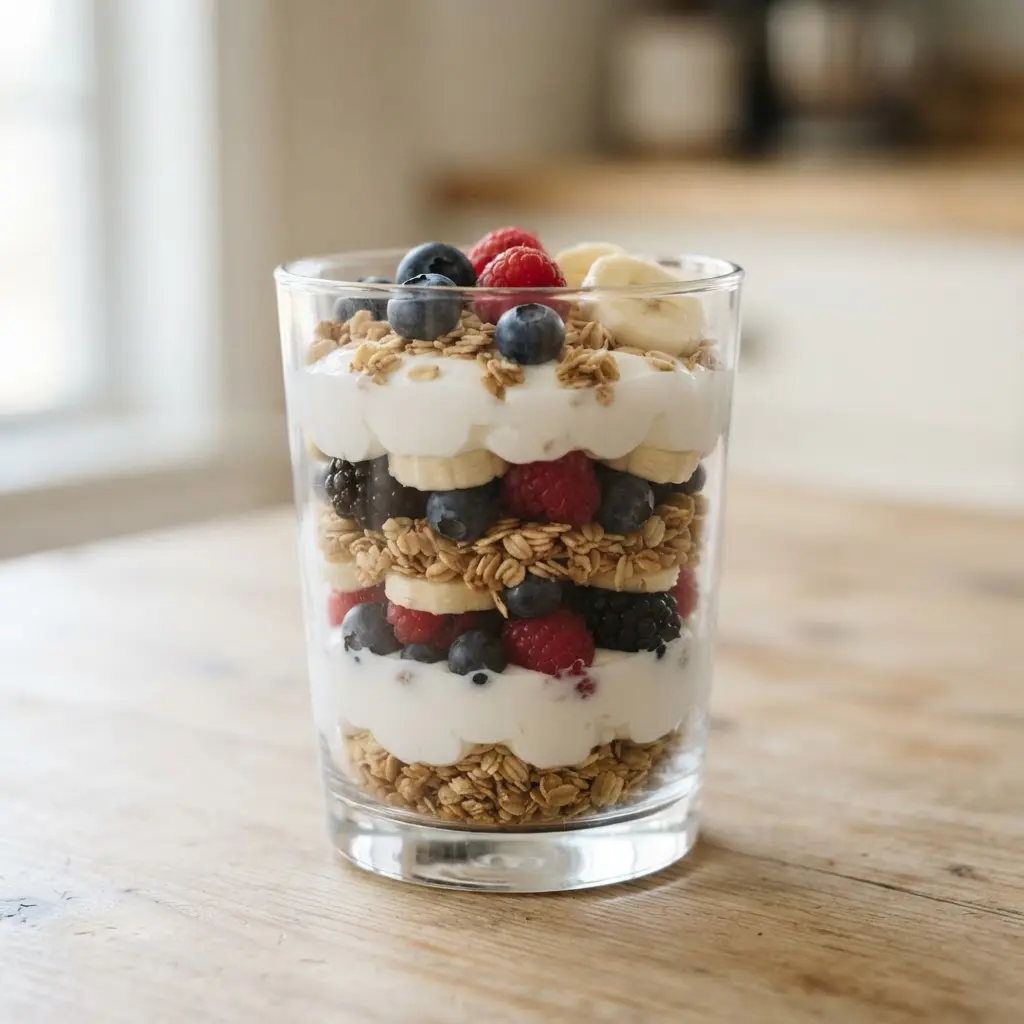 Greek yogurt berry granola parfait in a glass with layered fruit and oats, a bright Lacto-vegetarian meal idea.