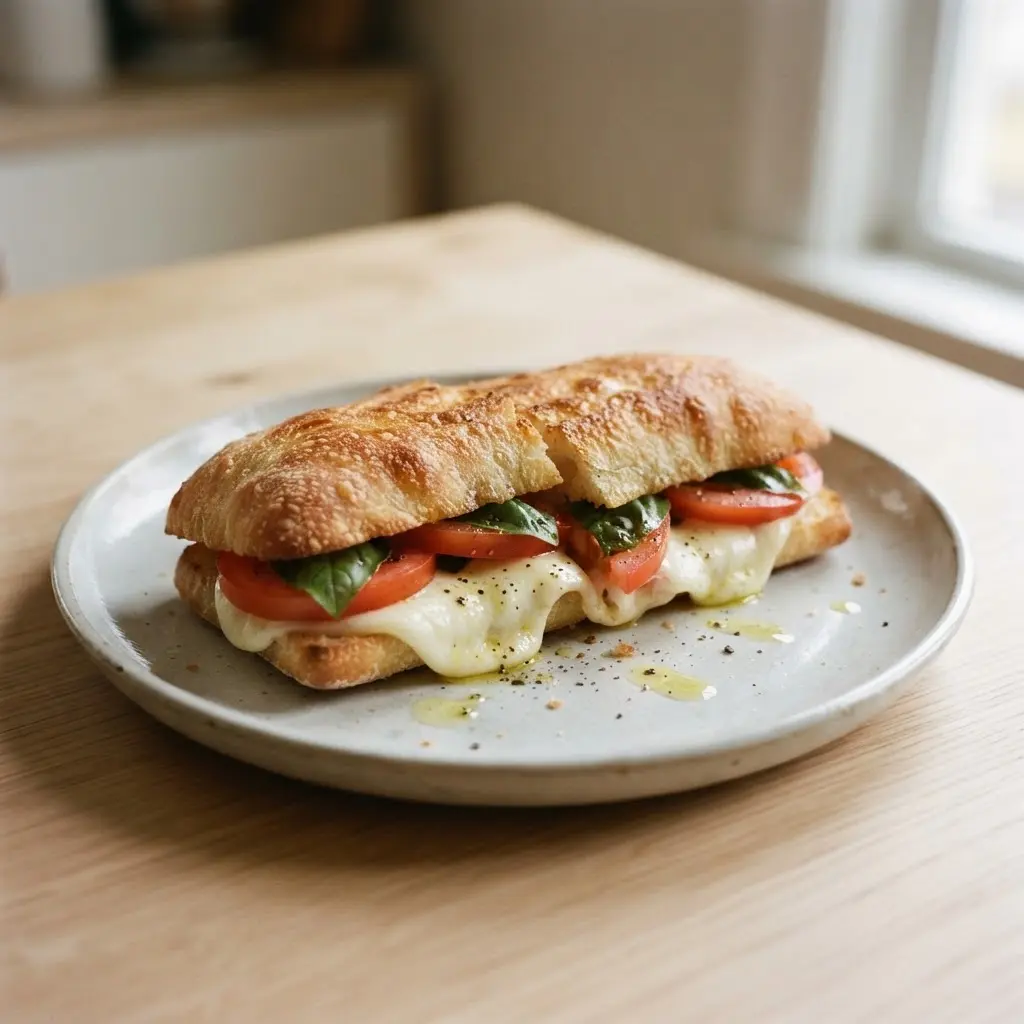Toasted ciabatta sandwich cut open with melted mozzarella, tomato slices, basil leaves, and a rustic plate.