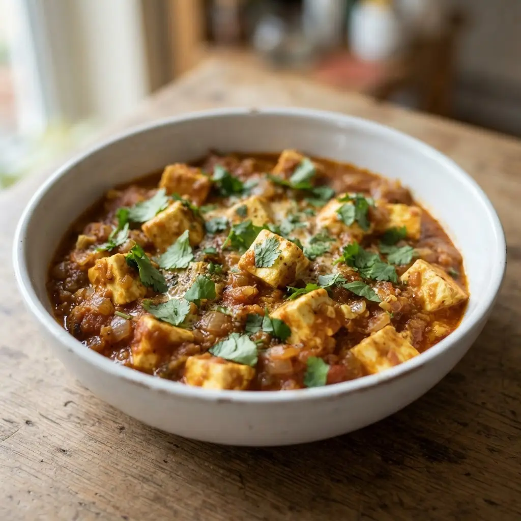 Paneer cubes in red tomato masala curry with cilantro, served in a rustic bowl beside rice and flatbread.