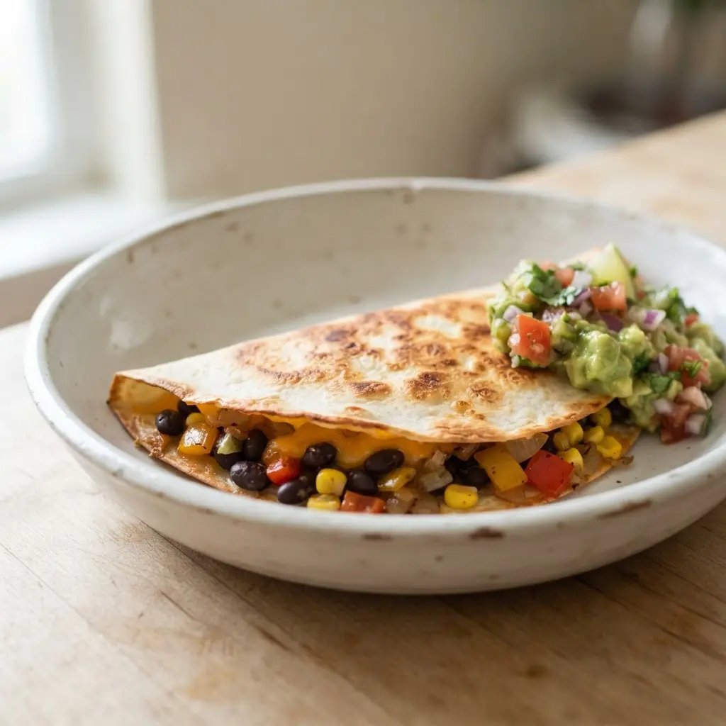 Golden quesadilla wedges filled with black beans, peppers, corn, and cheese beside a bowl of avocado salsa.