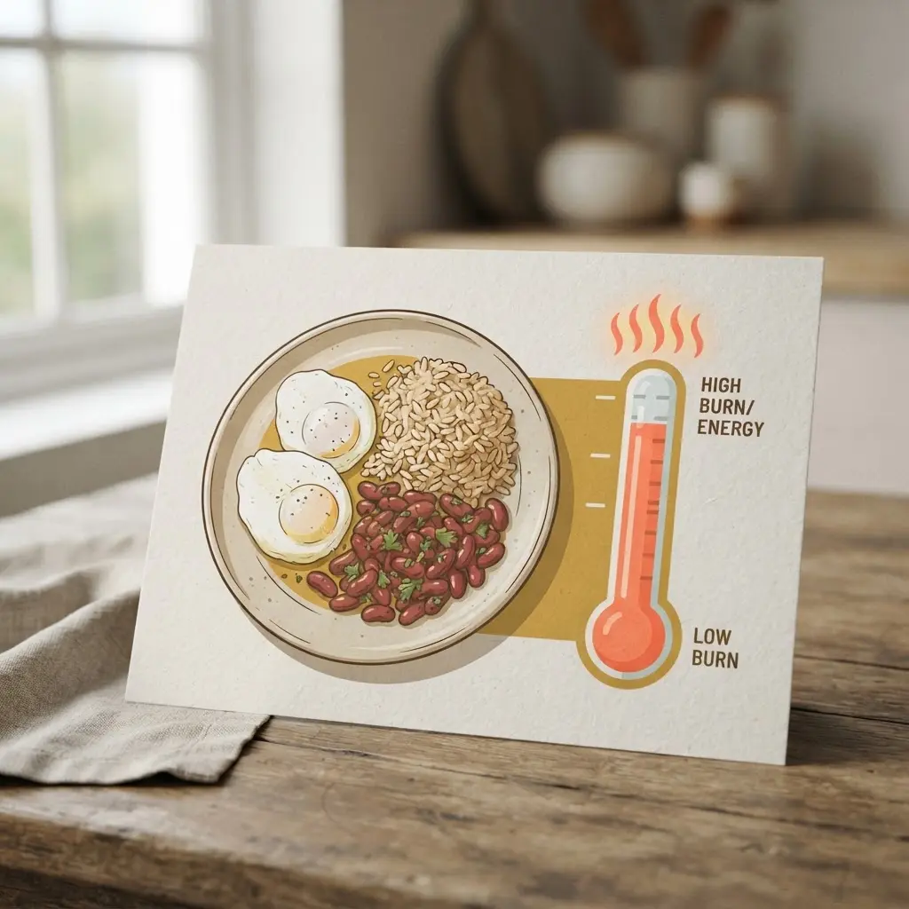 Plate with eggs, beans, and rice beside a heat gauge, showing little known facts about metabolism.