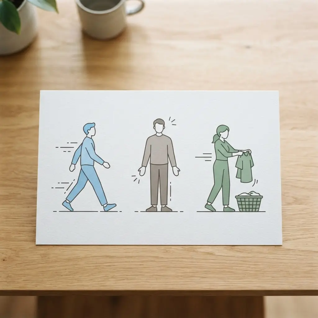 Person standing, walking, and folding laundry beside small movement icons in a clean health infographic.