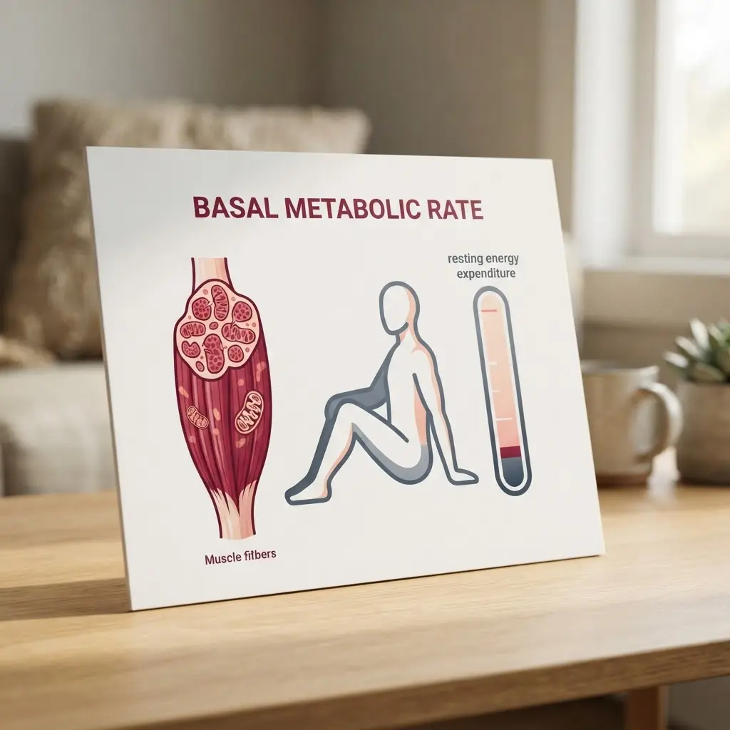 Muscle fibers beside a resting body outline and energy meter, explaining little known facts about metabolism.