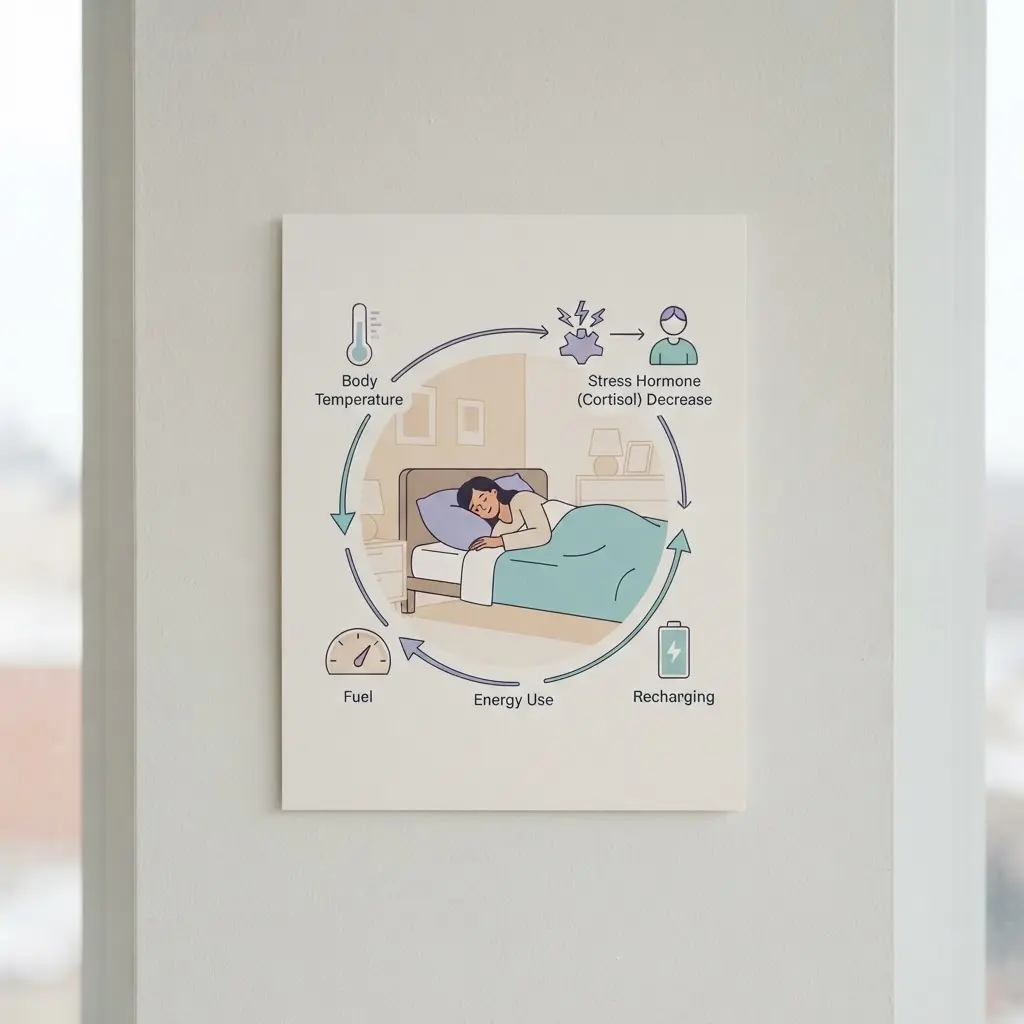 Person sleeping beside temperature and stress symbols with simple energy-use arrows in a clean infographic.