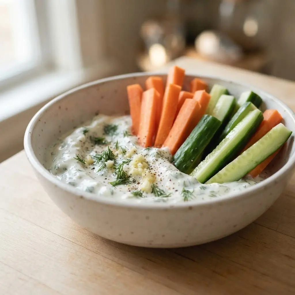 Creamy garlic dill Greek yogurt dip in a bowl beside cucumber and carrot sticks for a lighter sauce.