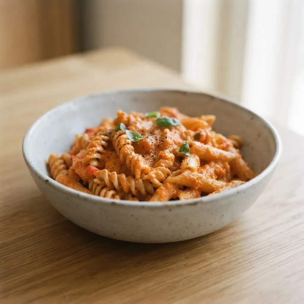 Smooth roasted red pepper sauce poured over pasta in a white bowl beside sliced red peppers.