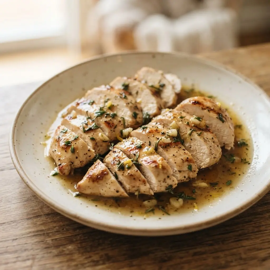 Lemon herb pan glaze coating sliced grilled chicken with parsley and lemon wedges as a low-calorie sauce.
