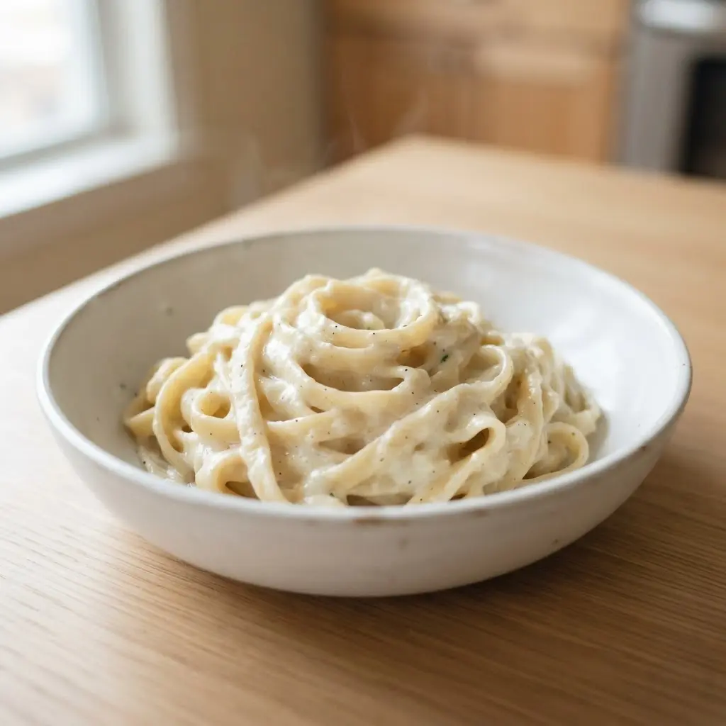 Pale cauliflower Alfredo sauce coating fettuccine in a skillet with garlic, parsley, and black pepper.