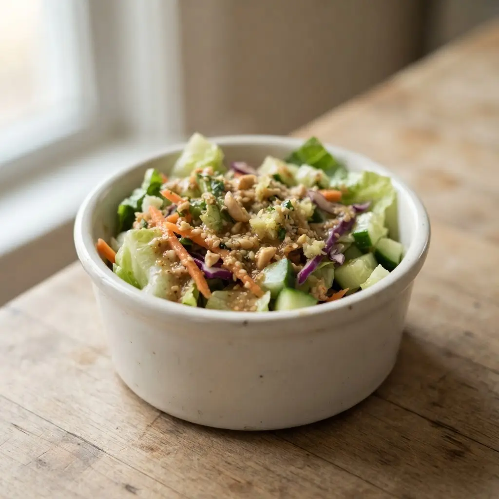 Tangy ginger peanut powder dressing in a small bowl beside a crisp salad with cabbage, carrots, and greens.