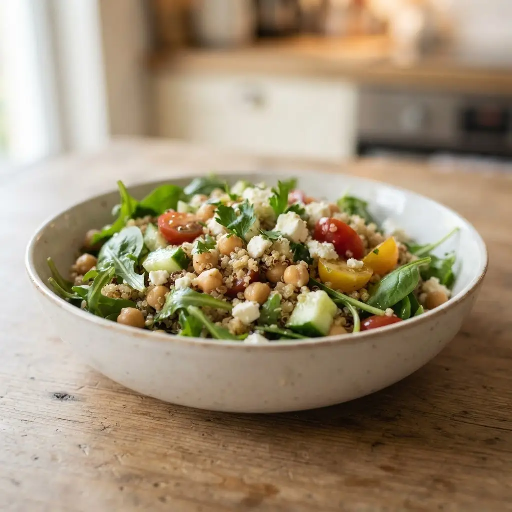 Mediterranean quinoa chickpea salad bowl with greens, cucumber, tomatoes, feta, and herbs, styled as a lunch salad.