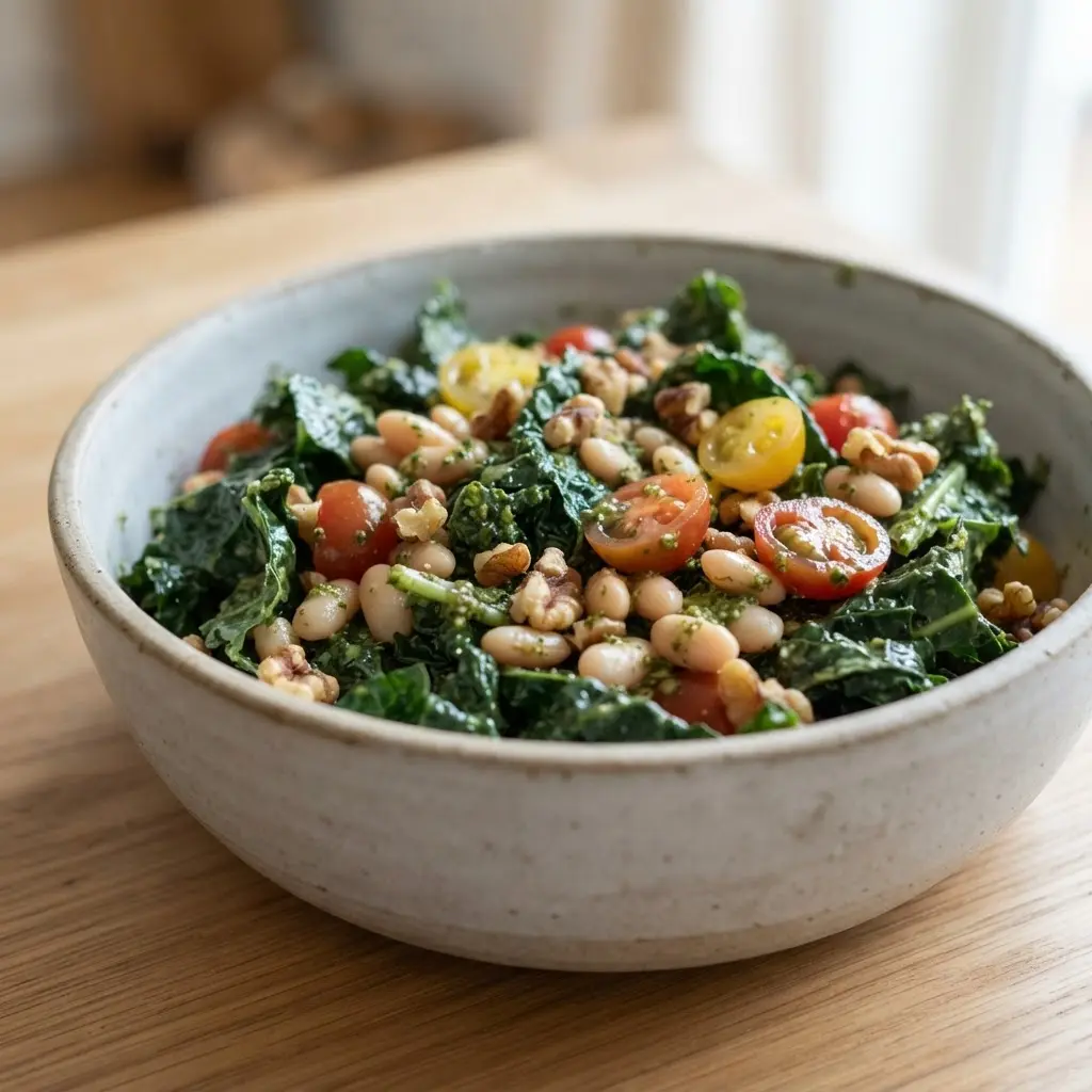 Massaged Tuscan kale pesto salad with white beans, tomatoes, walnuts, and shaved cheese in a glass bowl.