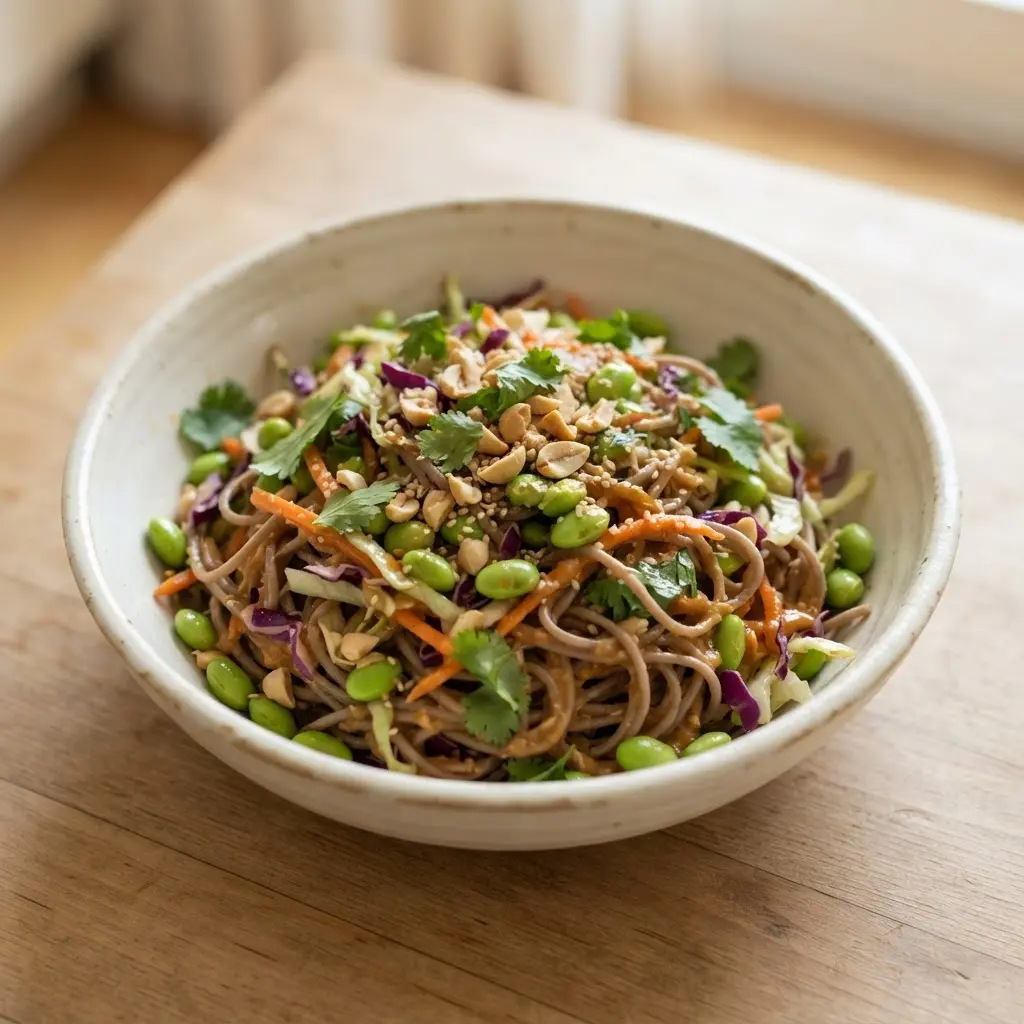 Thai peanut noodle salad with edamame, carrots, cabbage, cilantro, and lime in a clear bowl for a healthy lunch salad.