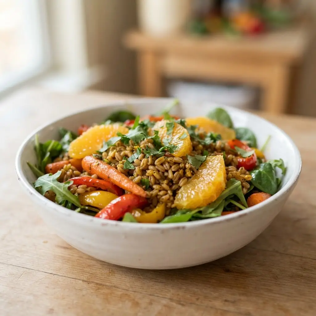 Citrus curry spiced farro salad with roasted carrots, peppers, greens, orange segments, and herbs in a serving bowl.