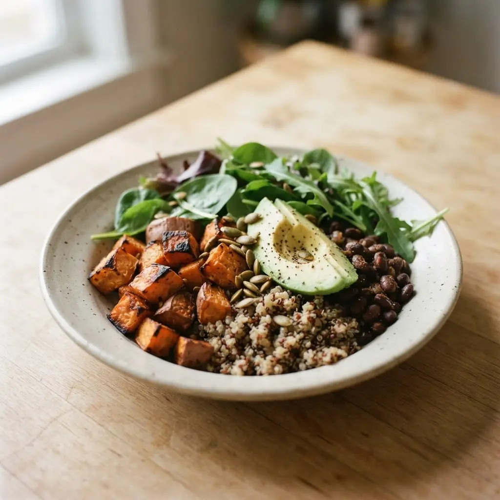 Roasted sweet potato quinoa bowl with pepitas, avocado, greens, black beans, and sliced radishes on a white plate.