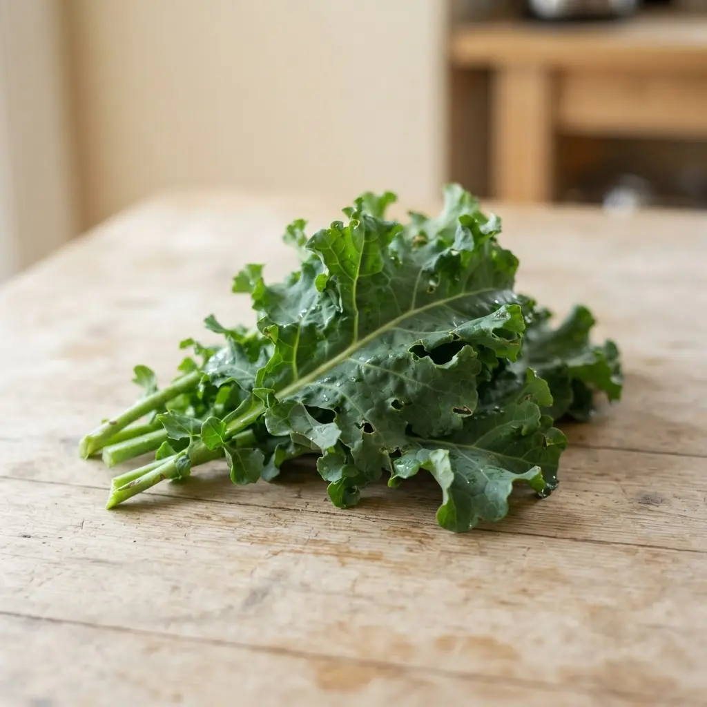 Leafy greens on a plain wooden surface.