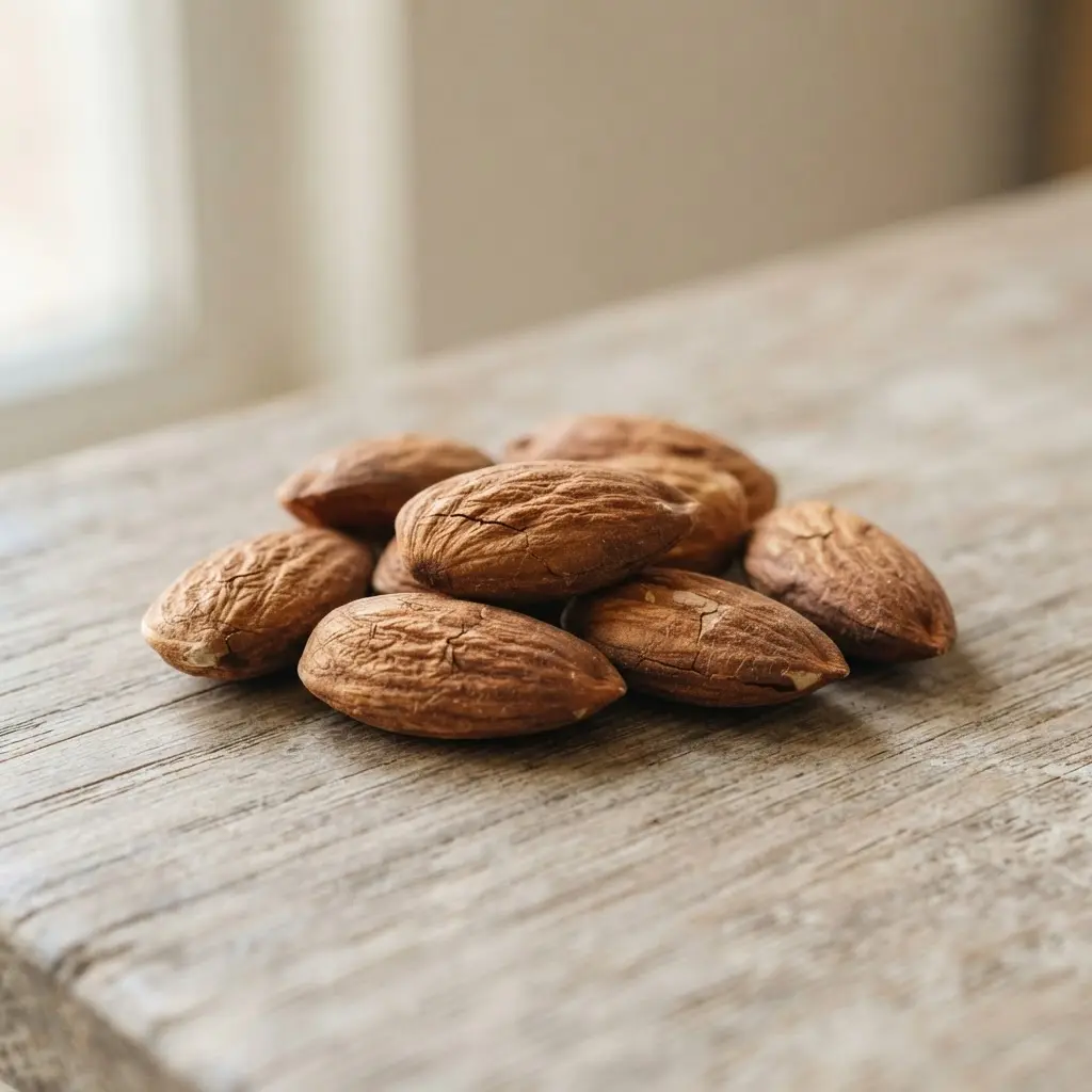 Almonds on a plain wooden surface.
