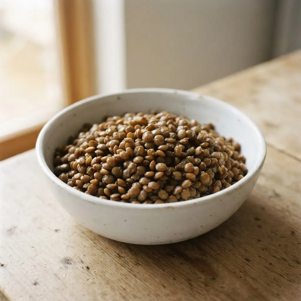 Lentils in a plain white bowl on a plain wooden surface.