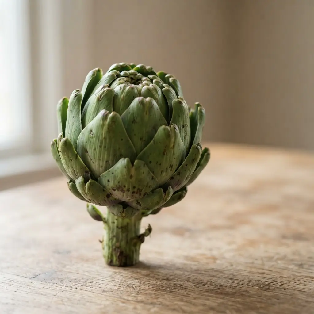 Artichoke on a plain wooden surface.