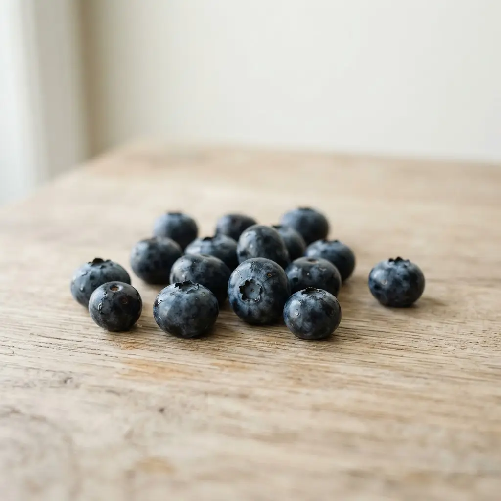 Blueberries on a plain wooden surface.