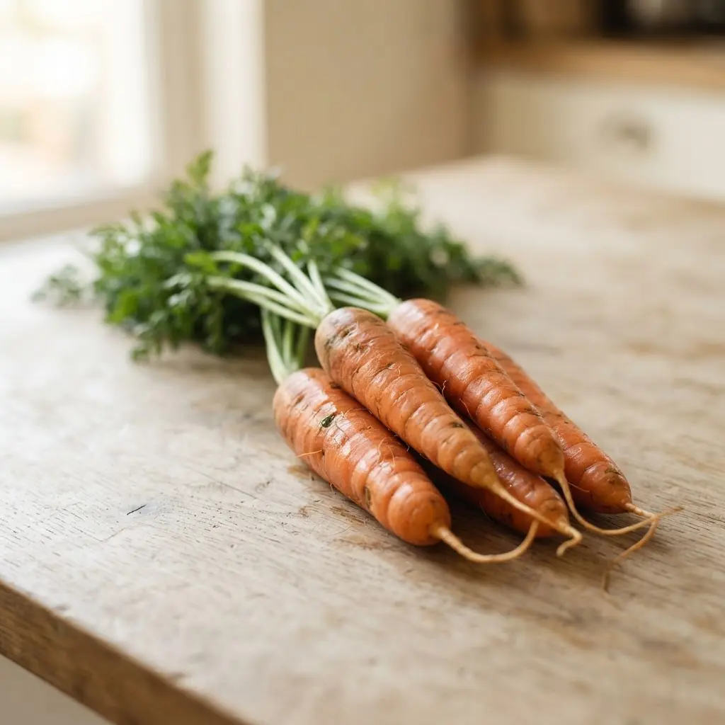 Carrots on a plain wooden surface.