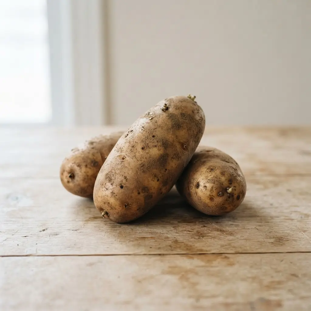 Potatoes on a plain wooden surface.