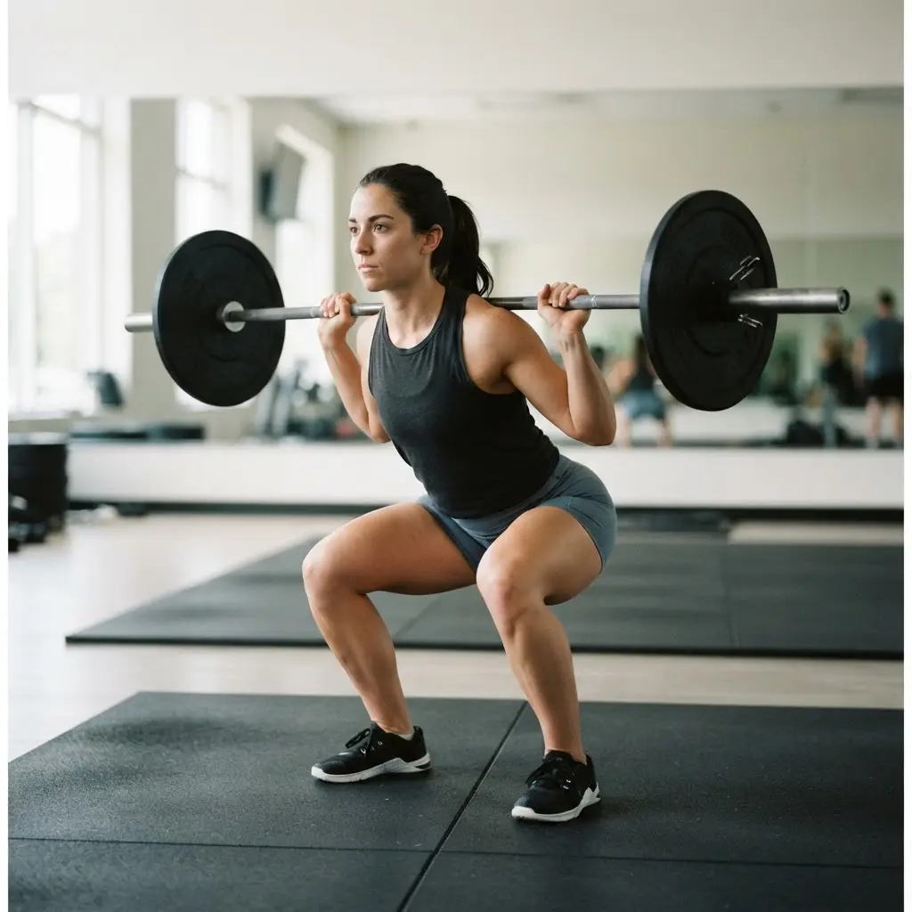 Trainer demonstrating a controlled barbell squat with neutral spine, showing safer form for the most common mistakes you make in the gym.