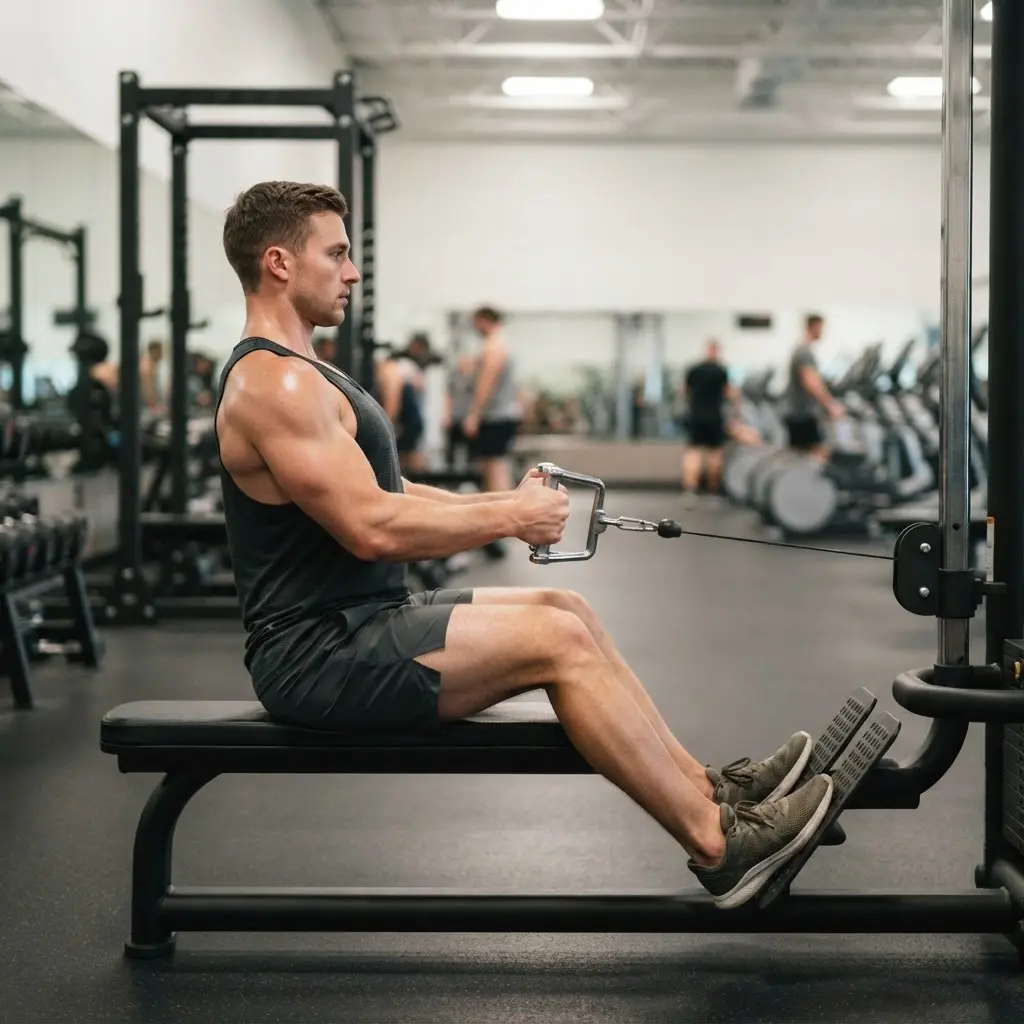 Athlete performing a slow cable row with steady shoulders and controlled arms beside a weight stack.