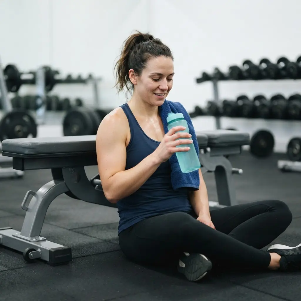 Athlete resting beside a weight bench with a water bottle and towel, showing recovery between strength sessions.