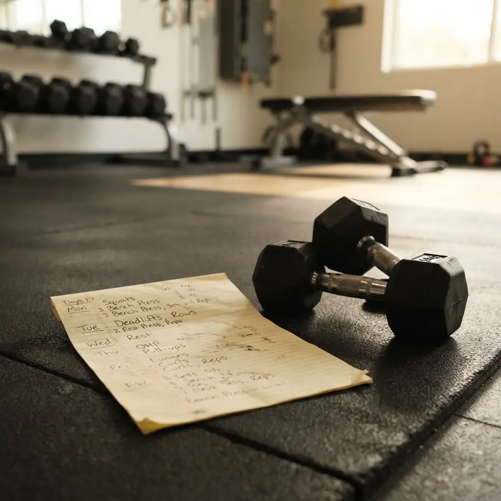 Trainer reviewing a weekly workout plan on paper beside dumbbells, addressing the most common mistakes you make in the gym.