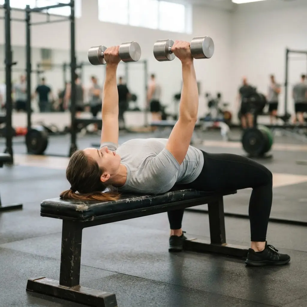 Athlete completing a controlled dumbbell press with steady breathing, avoiding gym mistakes linked to excessive training intensity.