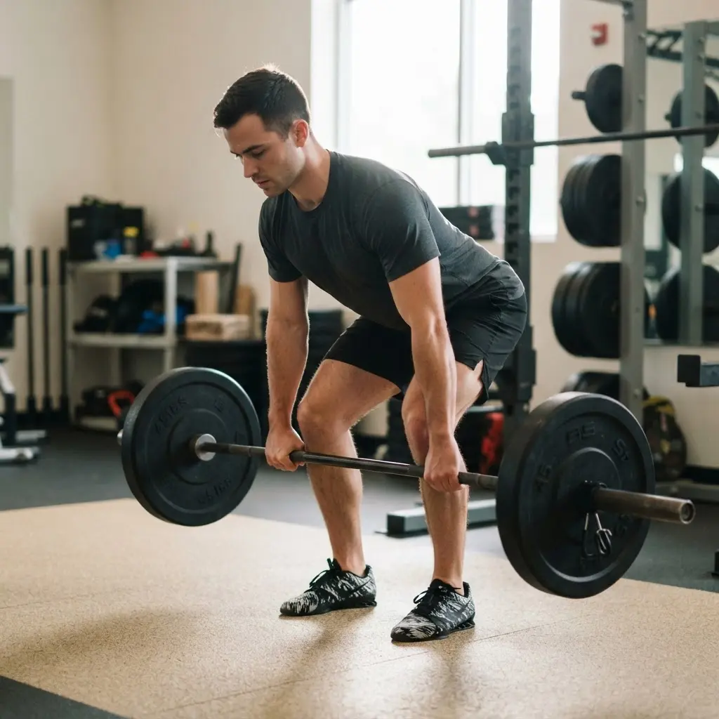 Person performing a barbell deadlift with a straight back, stable feet, and controlled movement beside a weight rack.