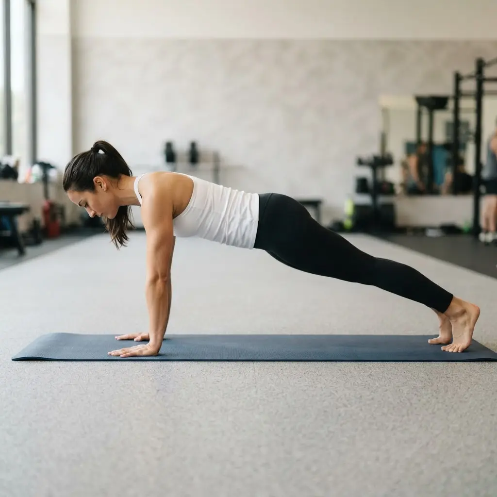 Trainer demonstrating a straight-arm plank with aligned hips and shoulders, helping prevent the most common mistakes you make in the gym.